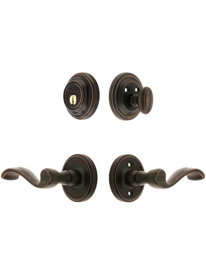Grandeur Georgetown Entry Door Set, Keyed Alike with Portofino Levers Left Handed in Oil-Rubbed Bronze.